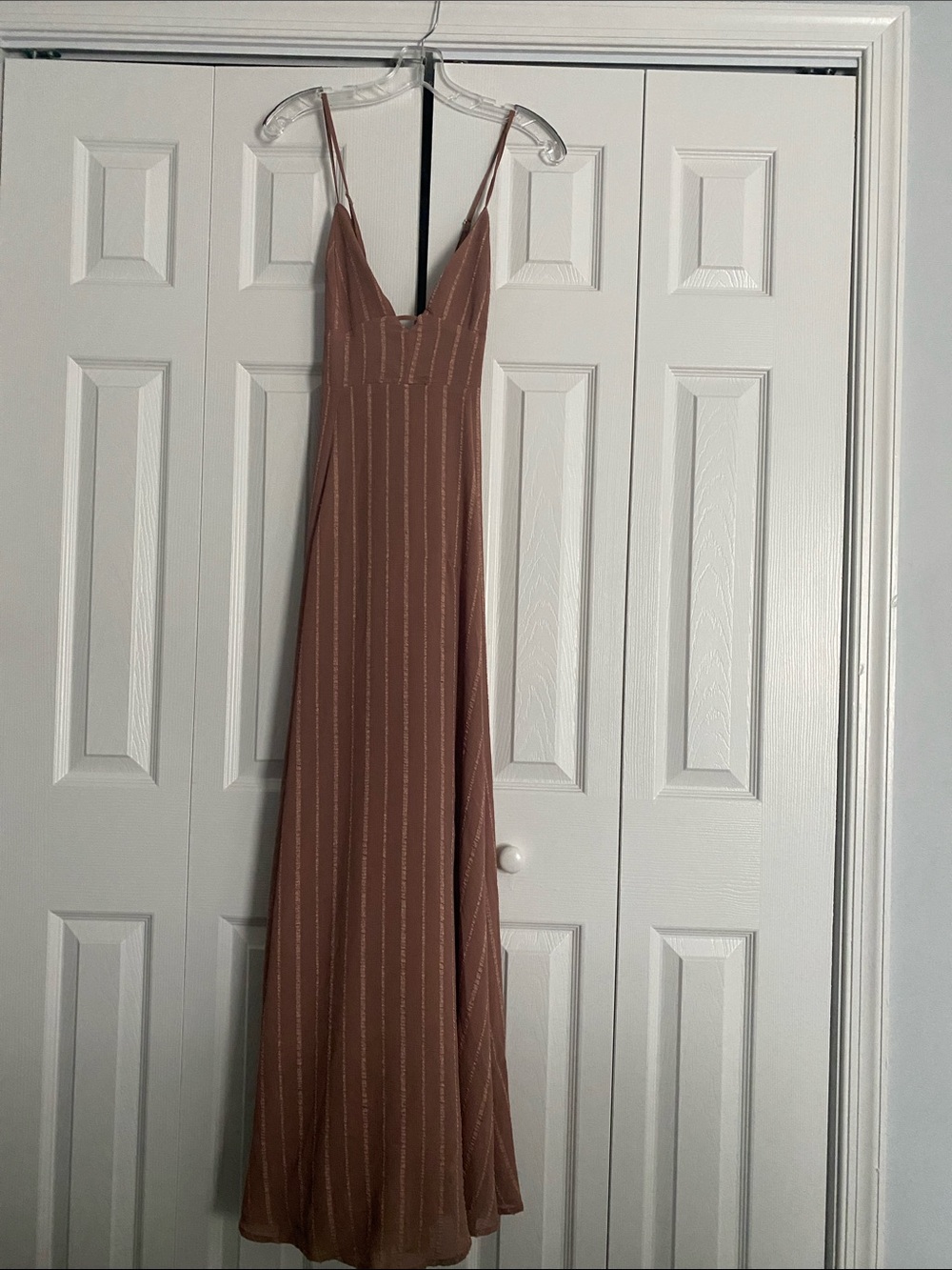 Lulu's Rose Taupe Metallic-Striped Spaghetti-Strap Maxi Dress